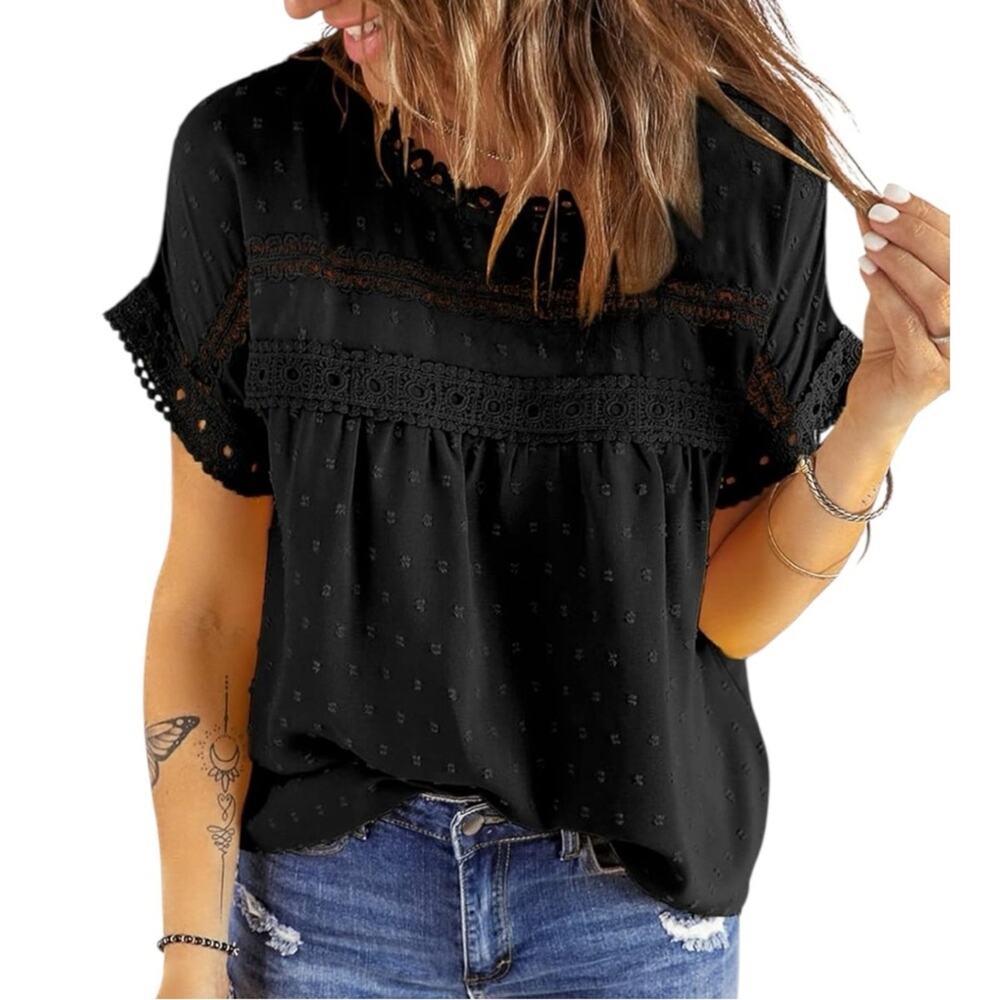 Dokotoo Top Black Chiffon Lace Crochet Button Back Crew Neck Women’s Size XL